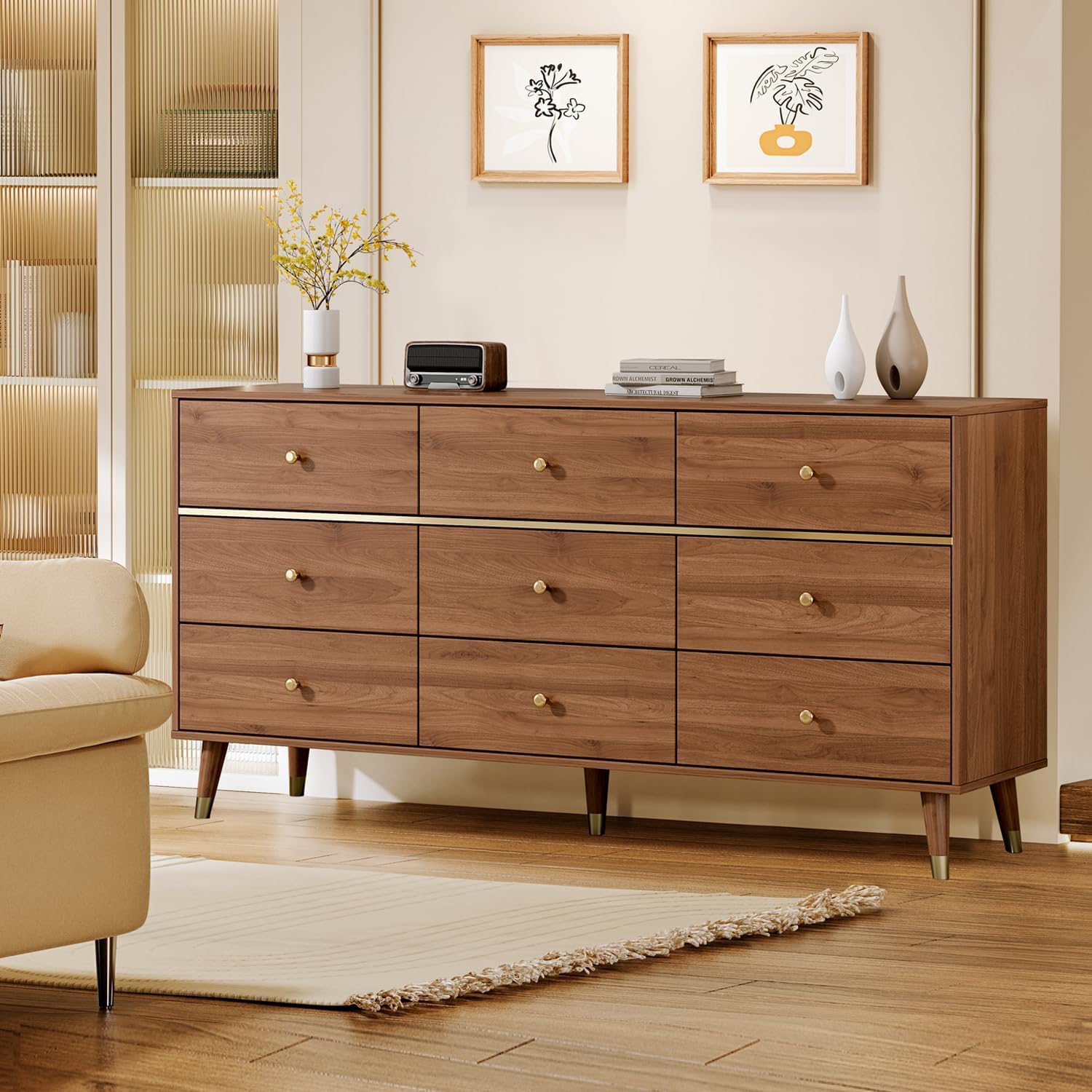 Chrangmay 9 Drawer Dresser,63' Wide Mid Century Modern Chest of Drawers,Wooden Bedroom Drawer Dresser with 9 Storage Drawers for Bedroom, Living Room,with Anti-Tipping Device,Brown