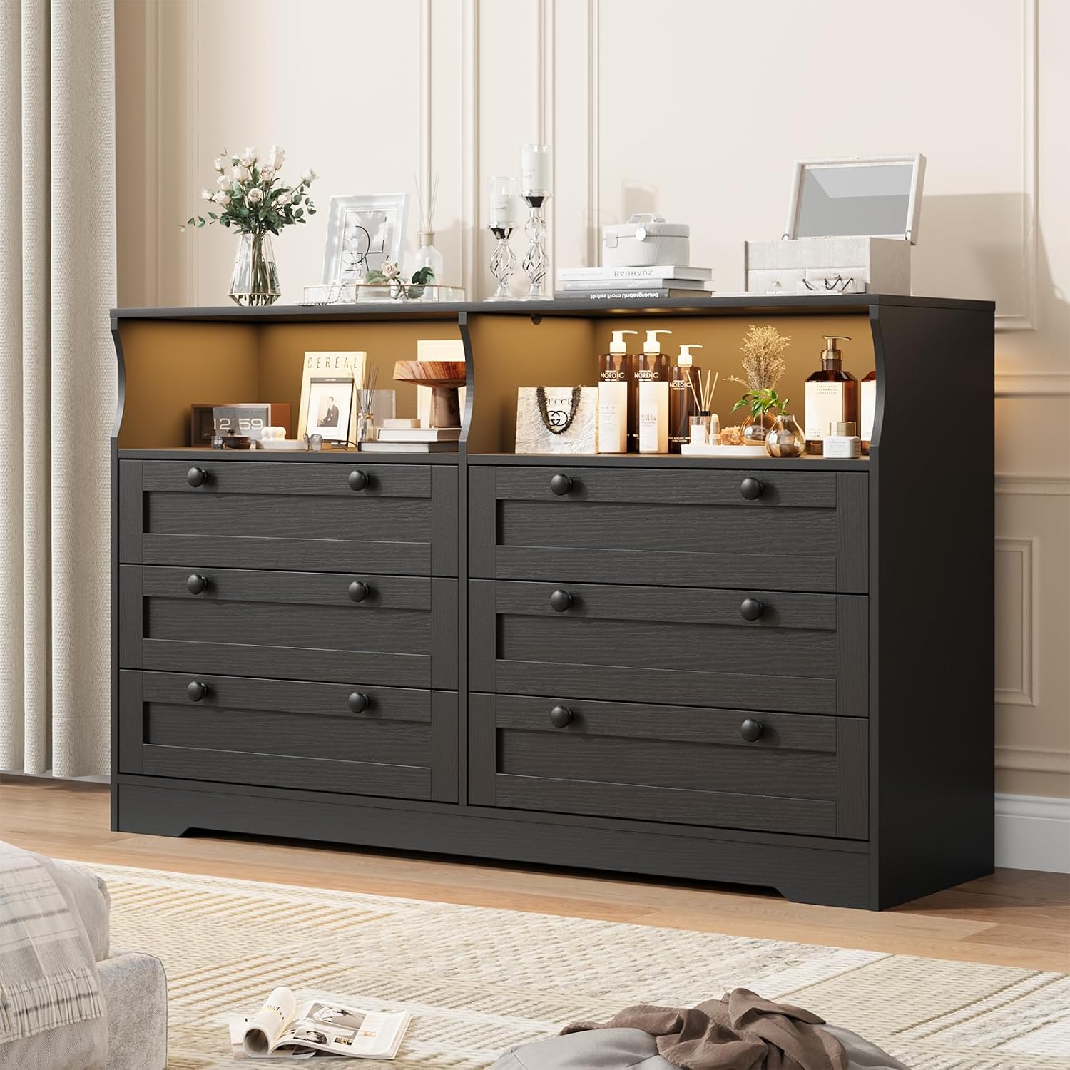 Garvee 6 Drawer Dresser for Bedroom, with RGB LED Lights & Power Outlet, 55' Wide Chests of Drawers Dresser TV Stand for 55 Inch TV, for Closet, Living Room, Entryway