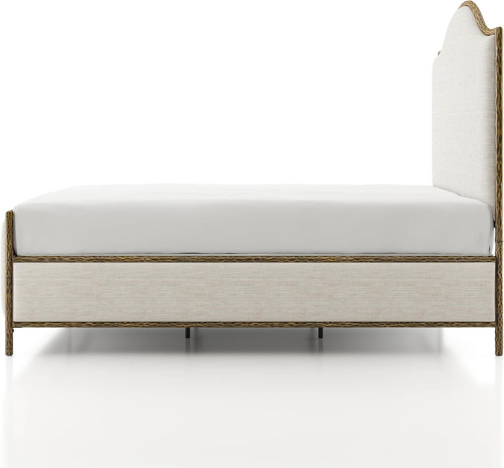 24/7 Shop at Home Lalia Hammered Metal 3-Piece Bedroom Collection, Upholstered Bed Frame with Camelback Headboard, Forged Steel and Curved Nightstands, Foundation Required, Queen, Matte Gold