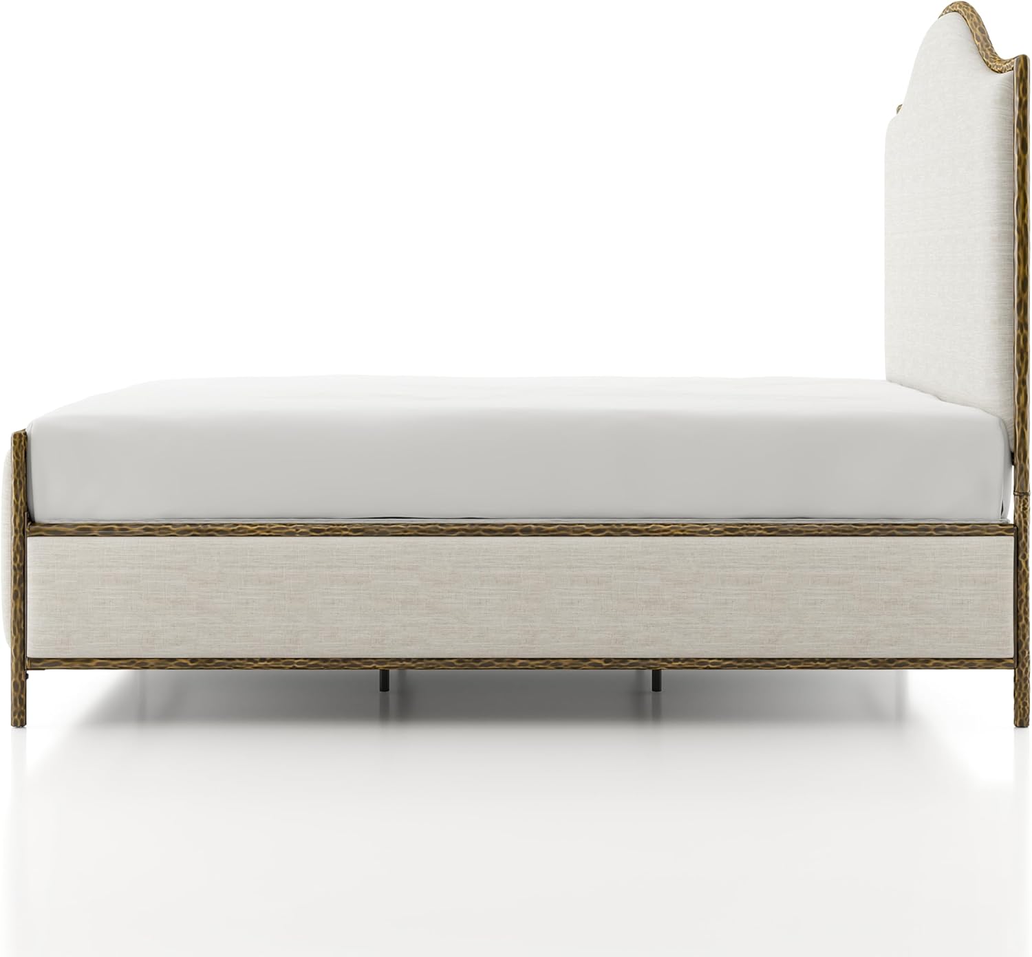 24/7 Shop at Home Lalia Hammered Metal 3-Piece Bedroom Collection, Upholstered Bed Frame with Camelback Headboard, Forged Steel and Curved Nightstands, Foundation Required, Queen, Matte Gold