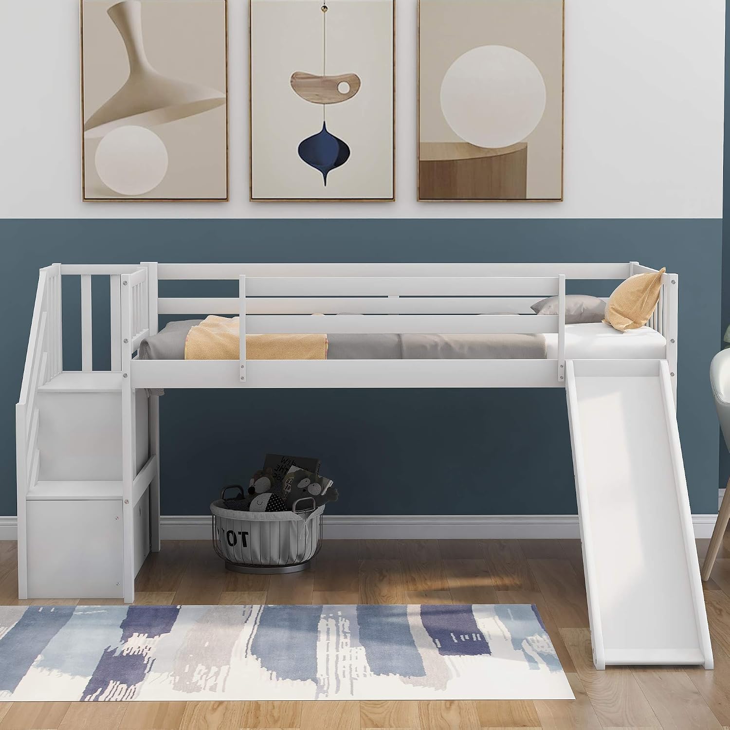 Twin Low Loft Bed with Adjustable Slide/Staircase/Storage Shelves for Kid/Boy/Girl/Teens, Full-Length Guardrails, Solid Wood, Space-Saving (White+Low Loft Bed)