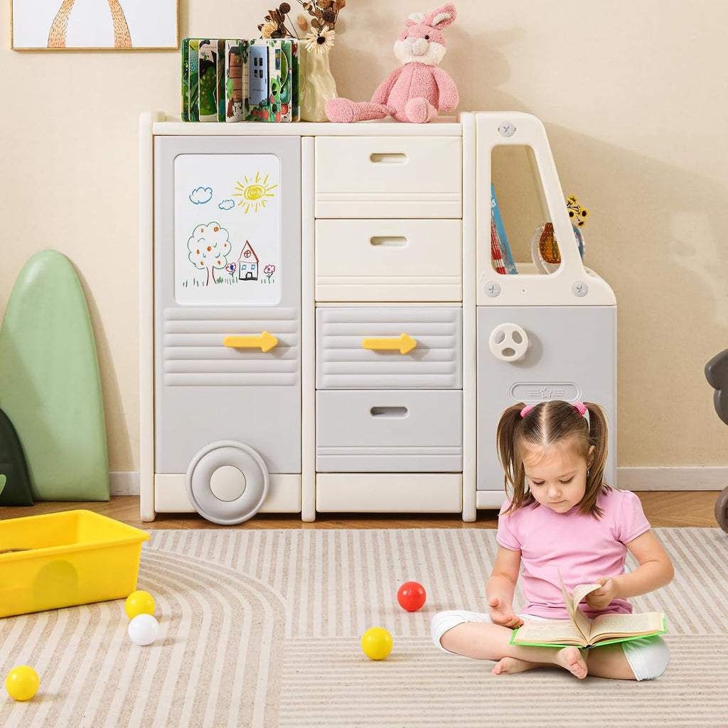 HONEY JOY Kids Toy Storage Organizer, Bus-Shaped Children Cabinet w/ 4 Pull-Out Drawers with Handles, Large & Small Cabinets, Spacious Countertop, Storage Organizer for Playroom, Classroom, Daycare