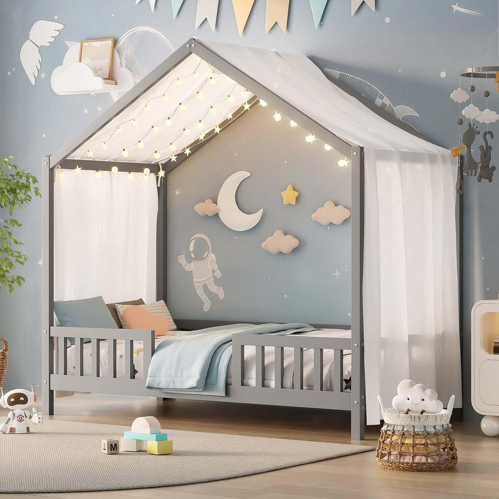 Cute Montessori Bed Frame Twin Size with Canopy, Low Profile House Shape Bed with Safety Railing & Wood Slat Support, Kids Playhouse Bedframes for Boys Girls (Grey, Twin)