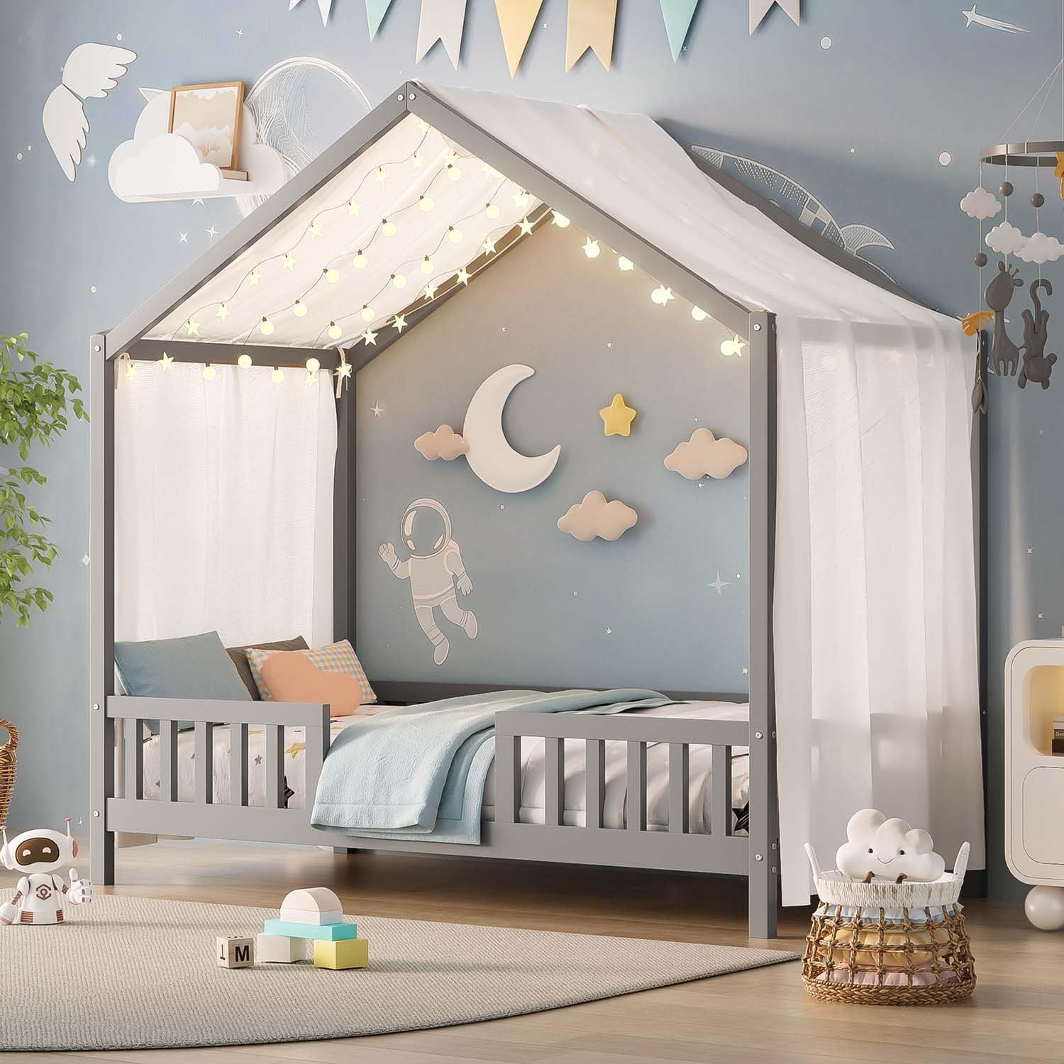 Cute Montessori Bed Frame Twin Size with Canopy, Low Profile House Shape Bed with Safety Railing & Wood Slat Support, Kids Playhouse Bedframes for Boys Girls (Grey, Twin)