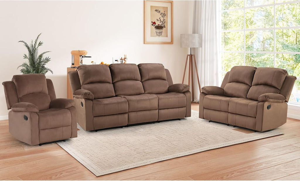 EBELLO Manual Recliner Sofa Set, Microfiber Reclining Couch Furniture Set for Living Room, Includes 1 Recliner Chair, 1 Loveseat Sofa and 1 3-Seater Reclining Couch, Brown