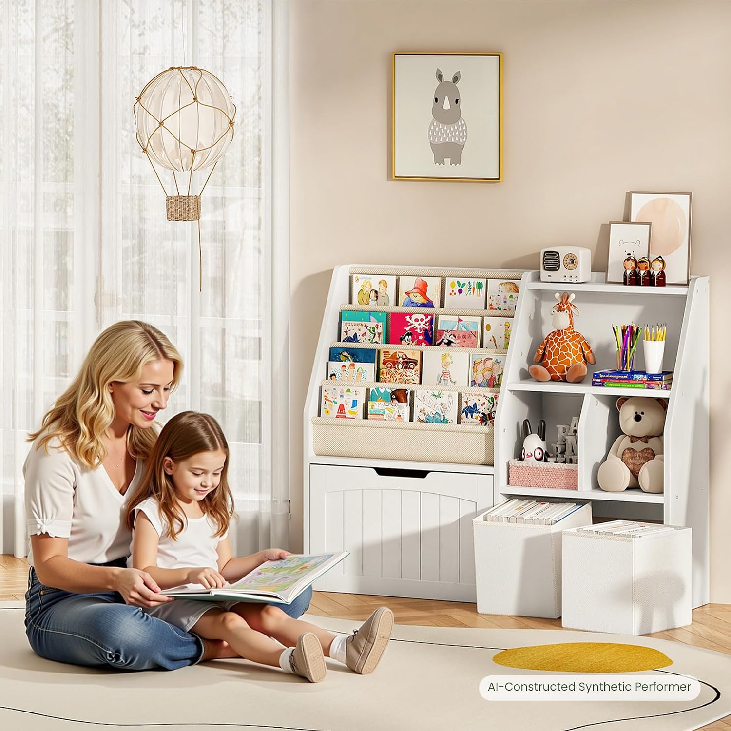 CHOEZON Kids Bookshelf, Children's Bookcase with 4 Sling Book Shelves, Toy Storage Cubby, Fabric Storage Baskets, Wooden Book Shelf for Kids' Room, Playroom, Nursery, Living Rooms, White MCW17WB