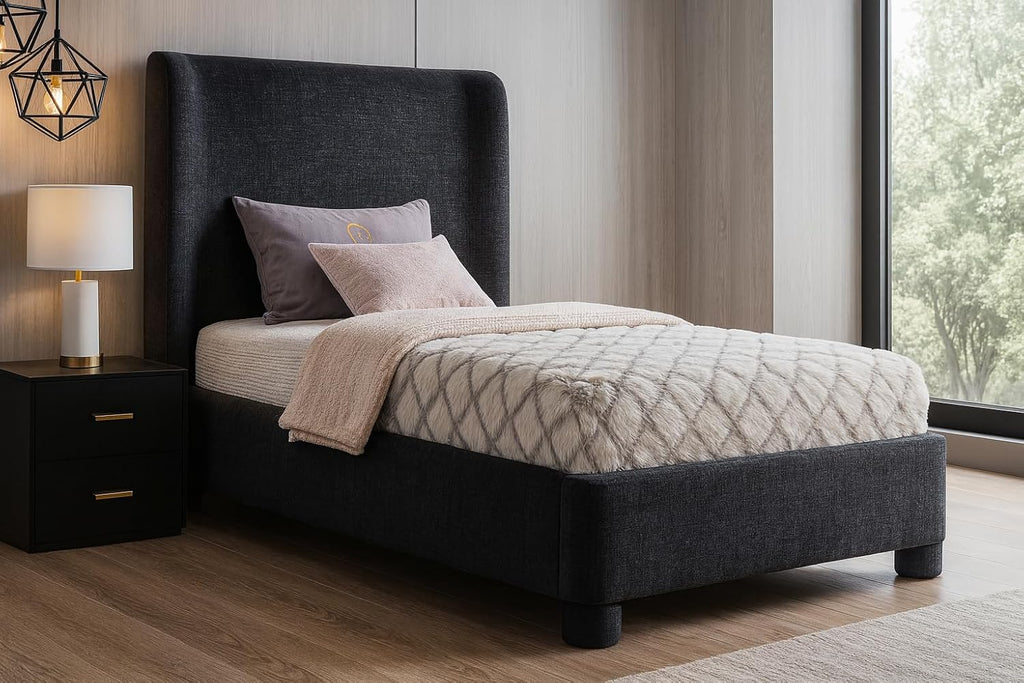 Meridian Furniture B1207Black-T Penny Collection Modern | Contemporary Twin Bed with Rich Black Chenille Fabric, Curved Headboard, 52' W x 82.5' D x 52' H, Black, Twin