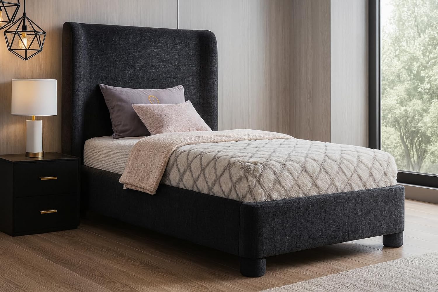 Meridian Furniture B1207Black-T Penny Collection Modern | Contemporary Twin Bed with Rich Black Chenille Fabric, Curved Headboard, 52' W x 82.5' D x 52' H, Black, Twin