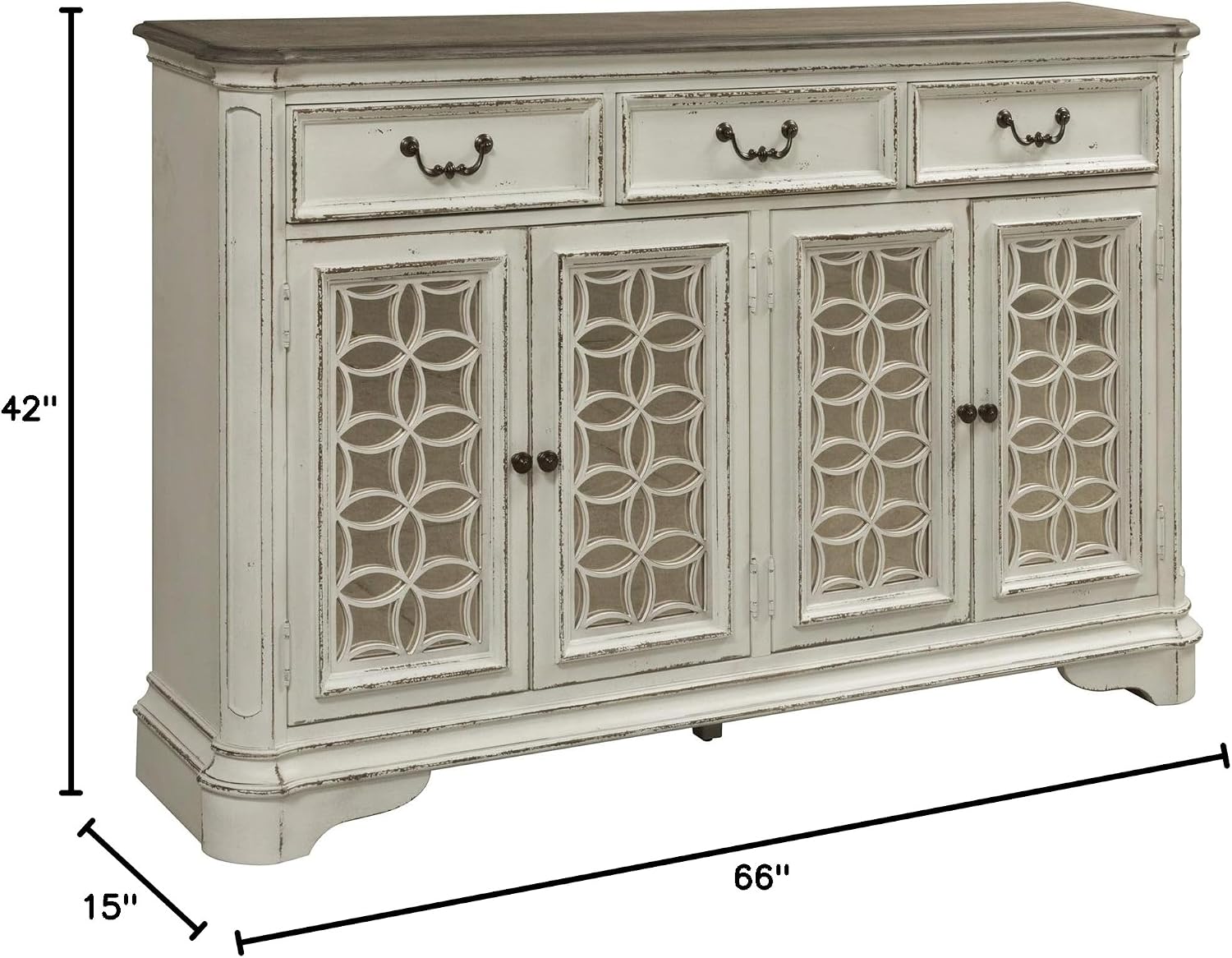 Liberty Furniture Magnolia Manor Hall Buffet Dining Room Storage with Mirrored Doors - Antique White & Weathered Bark