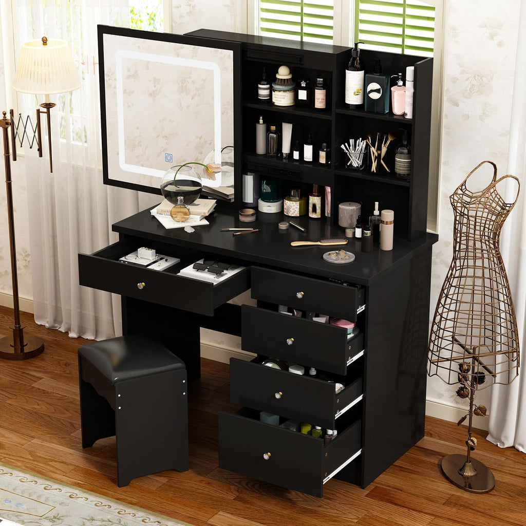 Vanity Desk Set with Sliding Lighted Mirror, Makeup Vanity with Drawer & Shelf, Dressing Table with Cushion Stool & Hidden Storage for Bedroom, Black
