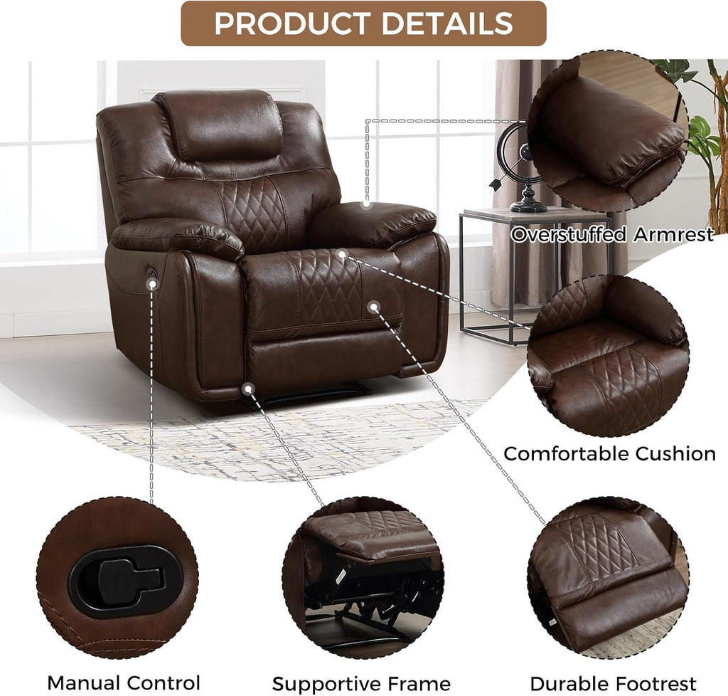 EBELLO Genuine Leather Recliner Chair, Manual Overstuffed Reclining Sofa for Adults with Comfortable Armrest and Backrest, Single Couch for Living Room, Dark Brown