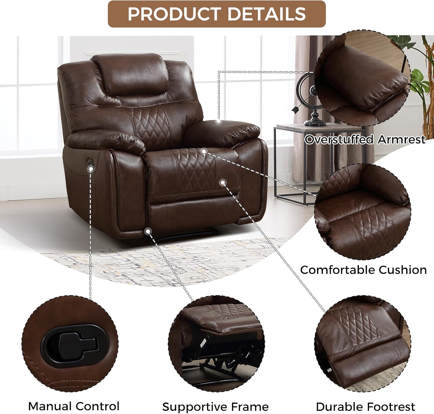 EBELLO Genuine Leather Recliner Chair, Manual Overstuffed Reclining Sofa for Adults with Comfortable Armrest and Backrest, Single Couch for Living Room, Dark Brown