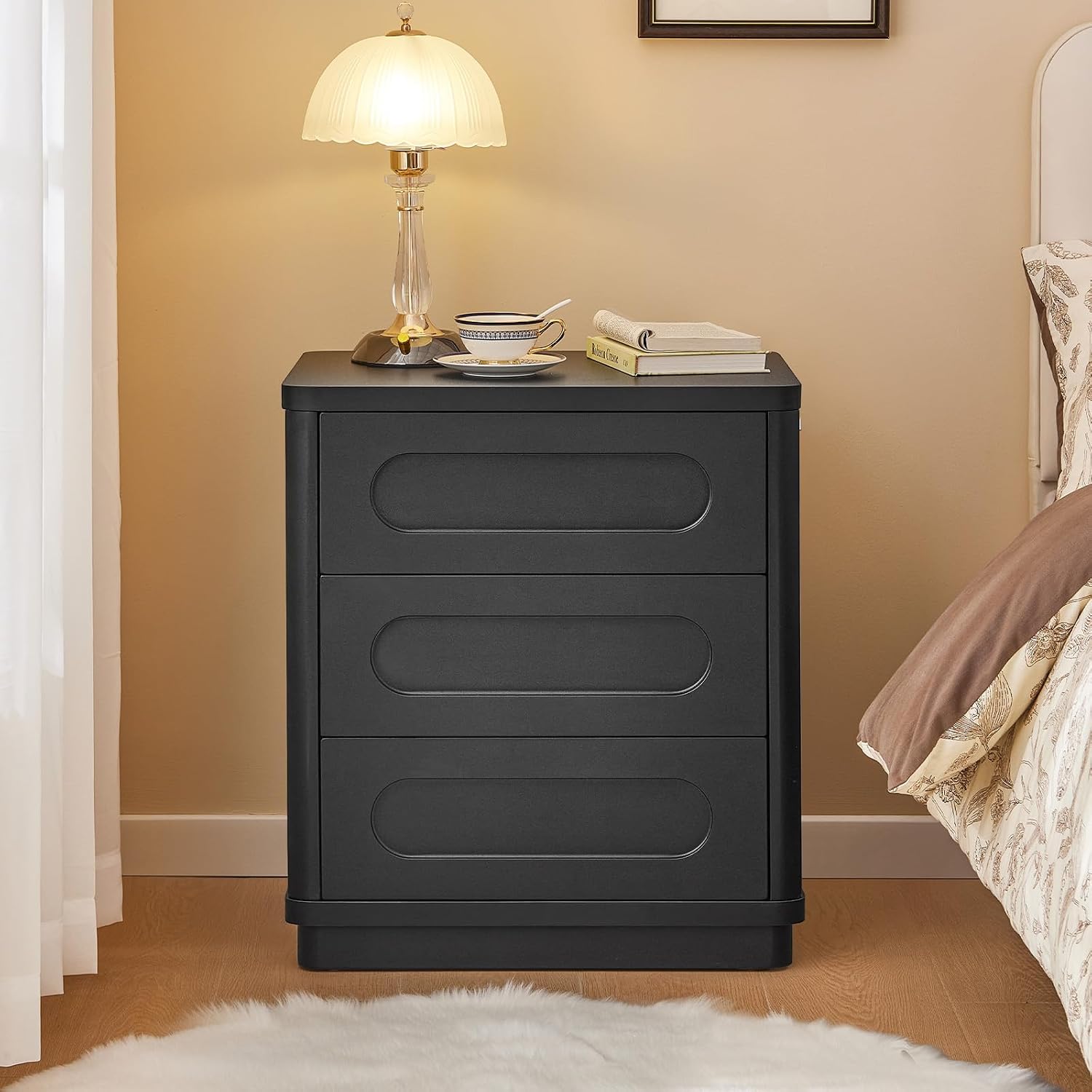 26.2' Tall Nightstand Set of 2, 21.7' W Night Stand with 3 Storage Drawers, Wood Beside Table, Rounded Corner Design for Bedroom (Black)