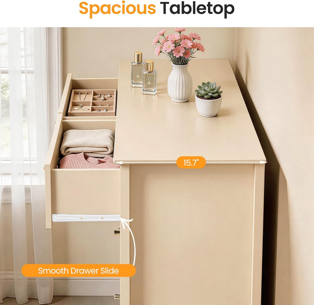 RoyalCraft Beige 6 Drawer Dresser, Fluted Modern Wood Chest of Drawers, Long Dresser for Bedroom TV Stand Storage Cabinet for Living Room