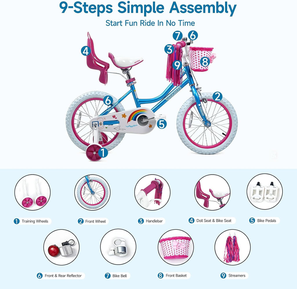 WinHope Girls Bike with Doll Seat, 12 14 16 18 20 Inch Kids Bike for 2-12 | Dual Brake with Training Wheels / Kickstand & Streamers Birthday Gift for Toddler Outdoor Riding, Multiple Colors