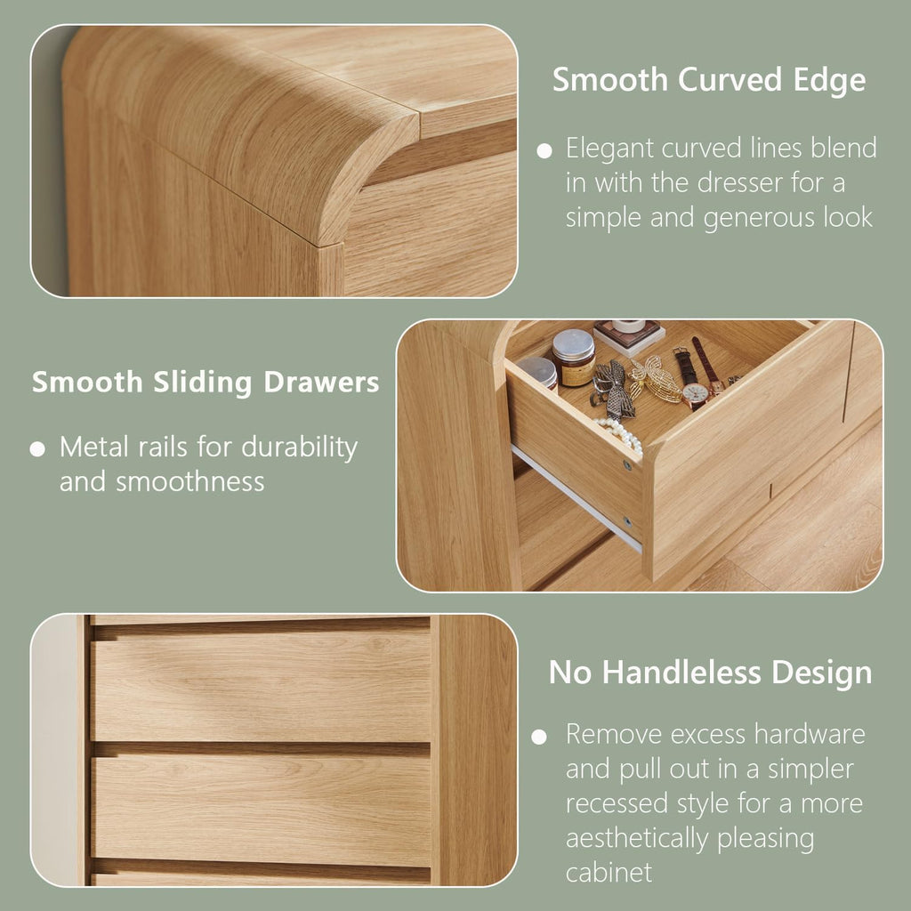 Aitjunz Modern 6 Drawers Dresser for Bedroom, 47' Wide Wood Dressers & Chests of Drawers w/Curved Profile Design, Mid Century Modern Dresser w/Natural Texture for Bedroom, Living Room, Natural Oak