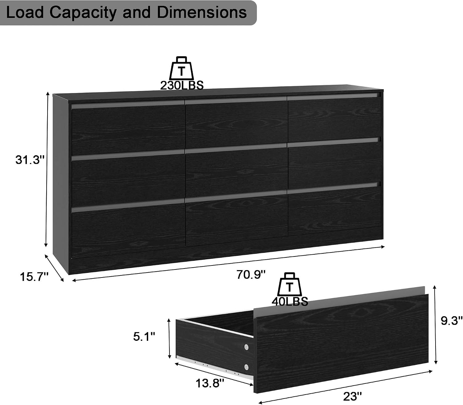 Bobve 70.9' Dresser for Bedroom with 9 Drawers, Large Modern Chest of Drawers with Deep Drawers, Wide Double Dresser Handle Free, Storage Organizer for Bedroom, Living Room, Hallway (Black)