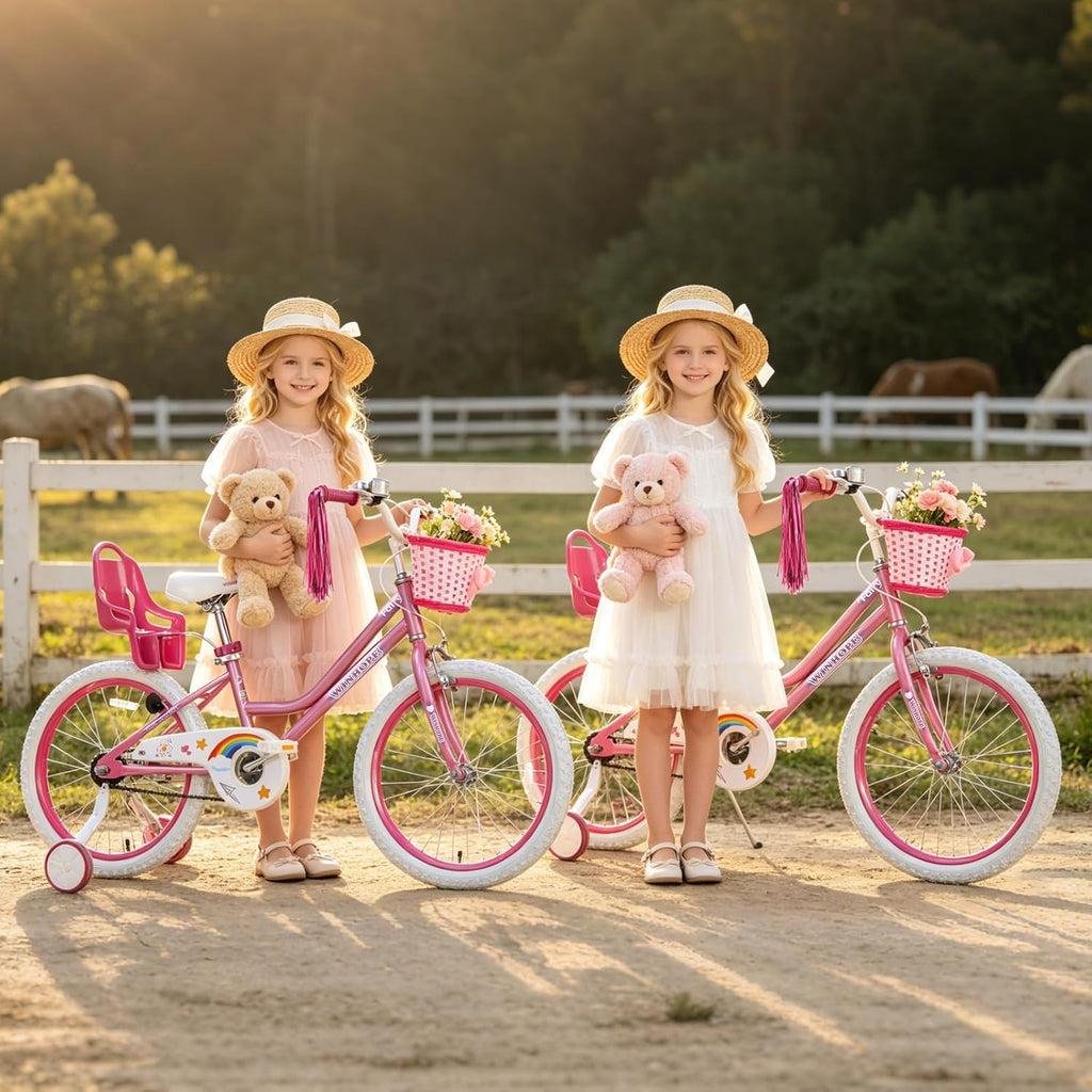 WinHope Girls Bike with Doll Seat, 12 14 16 18 20 Inch Kids Bike for 2-12 | Dual Brake with Training Wheels / Kickstand & Streamers Birthday Gift for Toddler Outdoor Riding, Multiple Colors