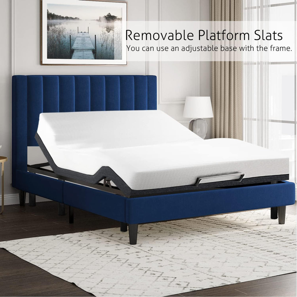 SHA CERLIN Full Bed Frame/Velvet Upholstered Platform Bed Frame with Headboard/Strong Wood Slats Support/Mattress Foundation/No Box Spring Needed - Dark Blue