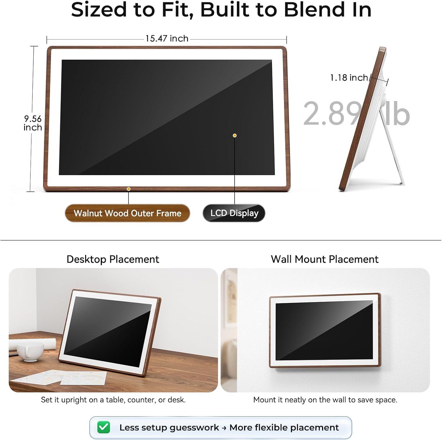 ANKRA 15.6' Digital Family Calendar : No-Subscription Smart Wall Planner, Real-Time Sync, App Voice Reminders, Meal Planner & Chore Chart with Rewards, AI Photo Hub, Gift for Families (Walnut)