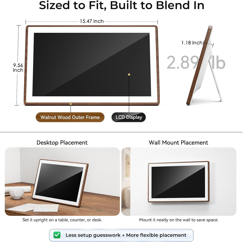 ANKRA 15.6' Digital Family Calendar : No-Subscription Smart Wall Planner, Real-Time Sync, App Voice Reminders, Meal Planner & Chore Chart with Rewards, AI Photo Hub, Gift for Families (Walnut)