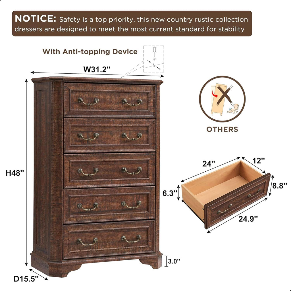T4TREAM Farmhouse 5 Drawers Dresser for Bedroom, 48' Tall Wood Rustic Chest of Drawers with Natural Texture, Vintage Design, Storage Dressers Organizer for Bedroom, Living Room, Reclaimed Barnwood
