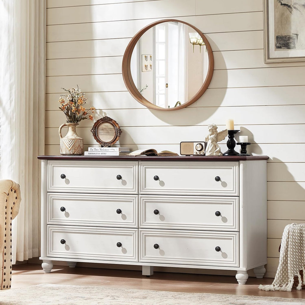 Farmhouse Dressers & Night Stand Set of 4, Wood 54' Wide 6 Drawer Dresser & 43.5' Tall Chest of Drawers, 18'Roman Column Nightstand Set of 2, Bedroom Furniture Dresser Set for Home Living Room Hallway