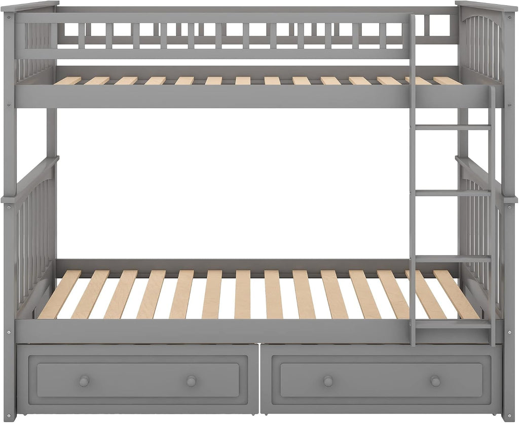 Twin Over Twin Wood Bunk Bed with Two Storage Drawers, Solid Wood Convertible Storage Bunk Bed Can Be Convertible to 2 Beds, Frame with Ladder, Safety Rail for Teens Adults (Gray)