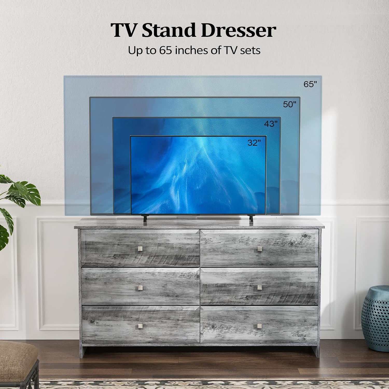VINGLI Washed Gray Dresser 6 Drawer, 53.9' Long Dresser Wood with Textured Drawer Front, Grey Chest Dressers for Bedroom, Storage Cabinet, Chest of Drawers, Living Room,Hallway,Rustic
