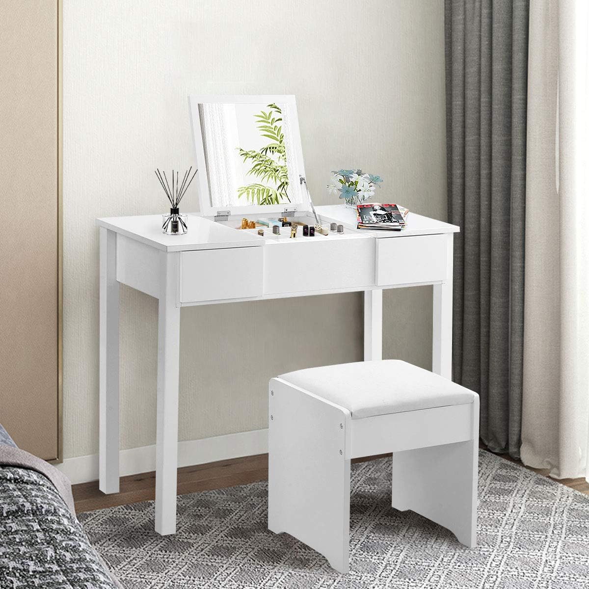 Giantex Vanity Set with Flip Top Mirror and Cushioned Stool, Makeup Dressing Table Writing Desk with 2 Drawers & 3 Removable Organizers, Makeup Table Set Easy Assembly, White
