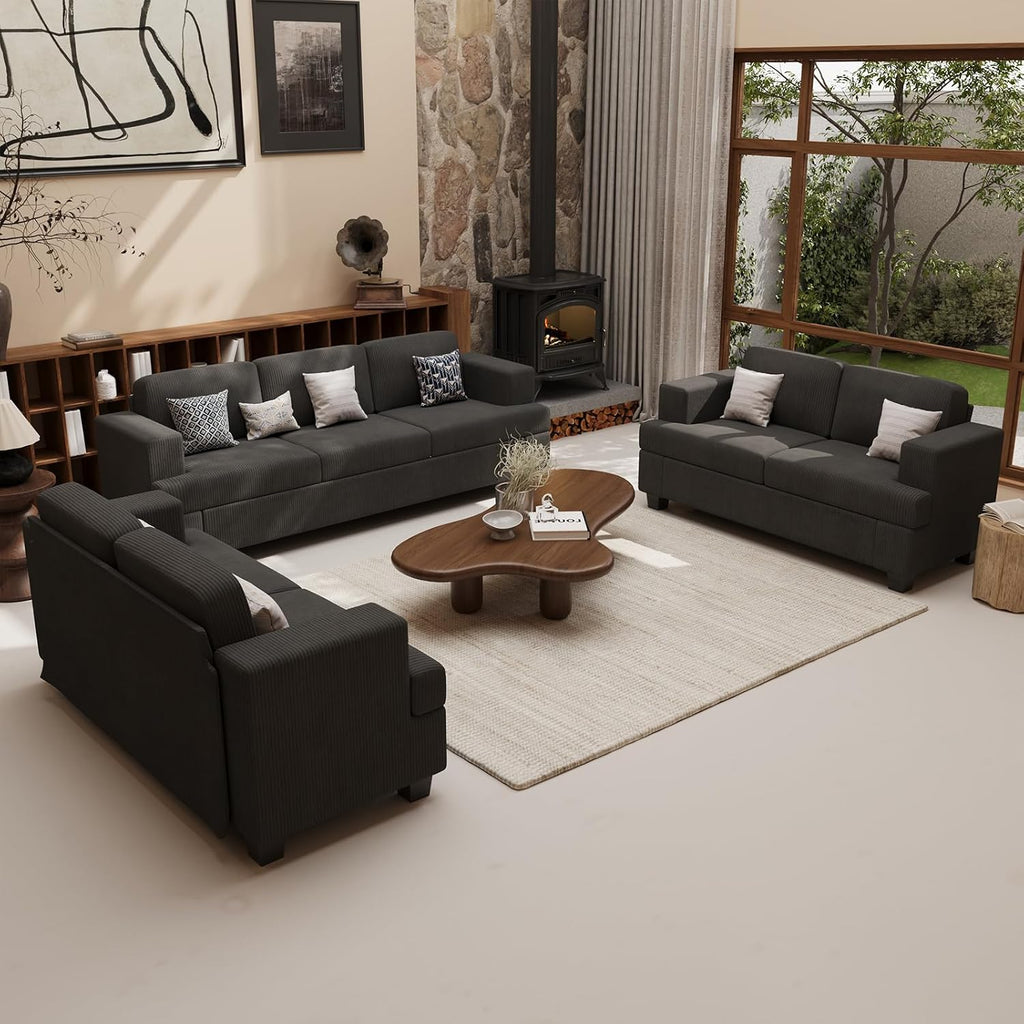 Fiona's magic 2 Pieces Corduroy Sofa Set for Living Room, Black Cloud Couch, Deep Seat Floor Couch for Bedroom, Futon Modern Sofa Sectional Bed, Black Corduroy
