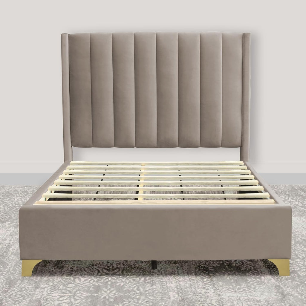 Greaton, Suede Upholstered Bed Frame, Decorative Attractive Headboard, Long Lasting Durable, Includes 3 Color Legs to Choose Gold, Silver and Black, 48-Inch, Taupe