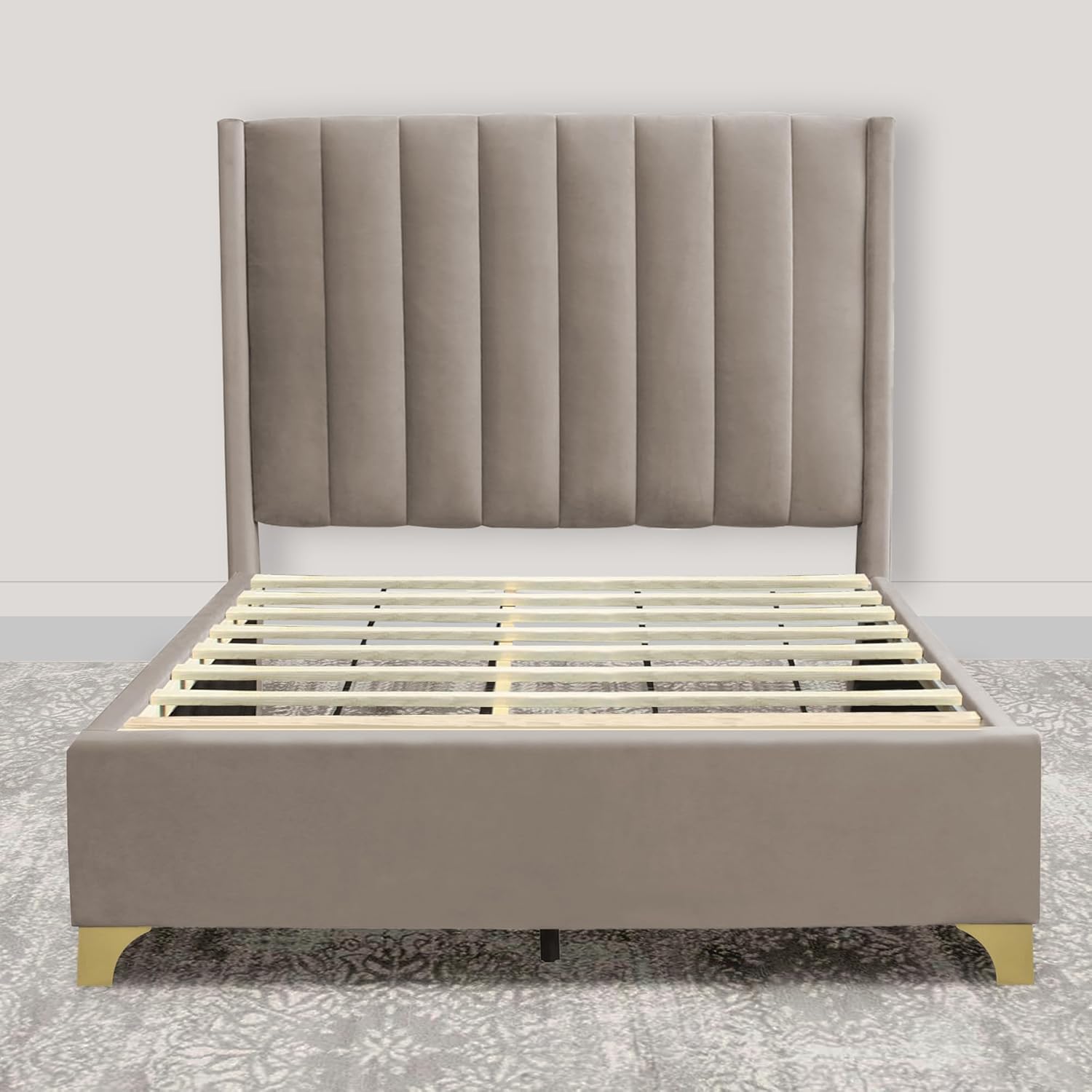 Greaton, Suede Upholstered Bed Frame, Decorative Attractive Headboard, Long Lasting Durable, Includes 3 Color Legs to Choose Gold, Silver and Black, 48-Inch, Taupe