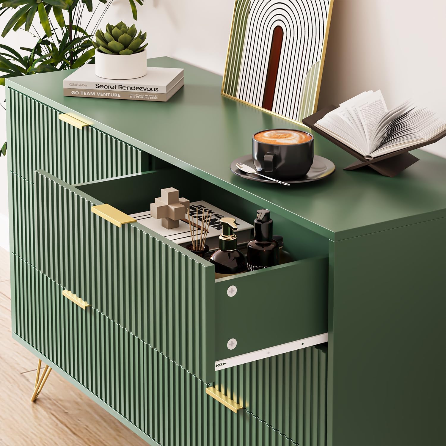 MAISONARIA Green Dresser for Bedroom, Modern Dresser with Gold Metal Handles & Chests of Drawers, Wood Chest of Drawers for Bedroom