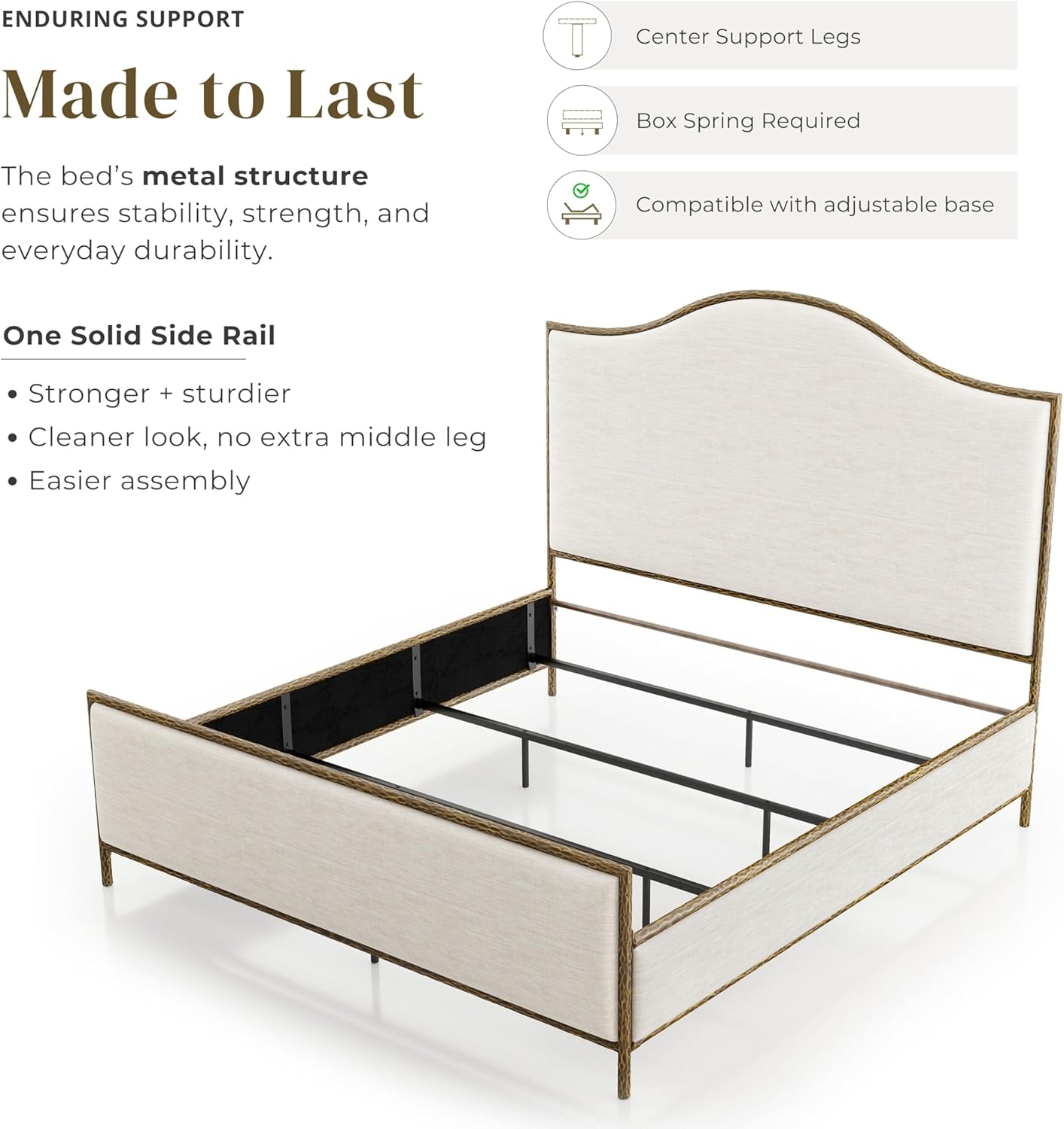 24/7 Shop at Home Lalia Hammered Metal 3-Piece Bedroom Collection, Upholstered Bed Frame with Camelback Headboard, Forged Steel and Curved Nightstands, Foundation Required, Full, Matte Gold