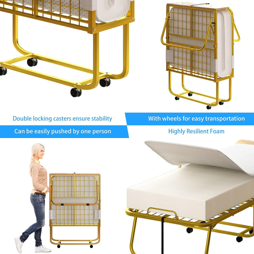 PUREMIND Roll Away Beds with Mattresses for Adults，'75' x 31'' Single Folding Bed Portable Foldable Bed,Metal Frame with Dust Cover and Baffle, Perfect for Bedroom, Apartment, or Office