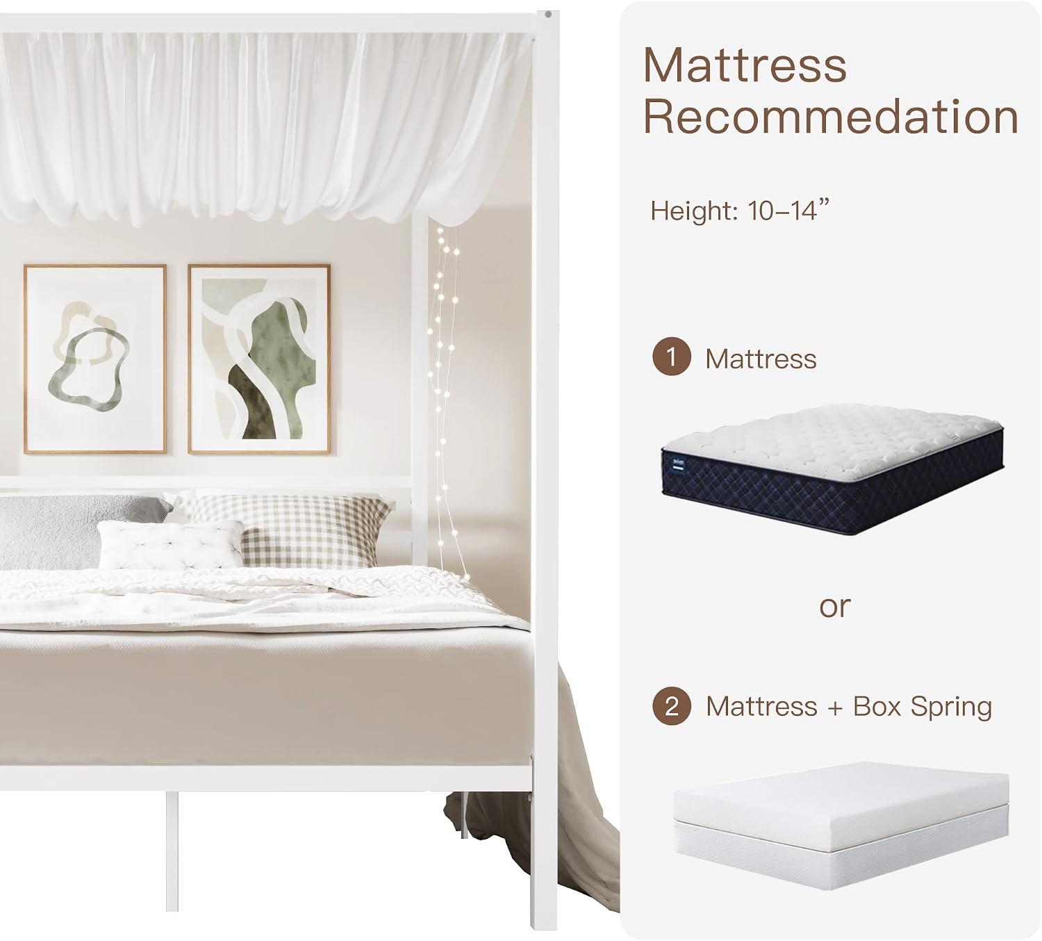 ikalido Queen Size Metal Canopy Bed Frame, Modern Four-Poster Platform Bed Frame, Mattress Foundation with Metal Slat Support/Under-Bed Storage Space/No Box Spring Needed/White