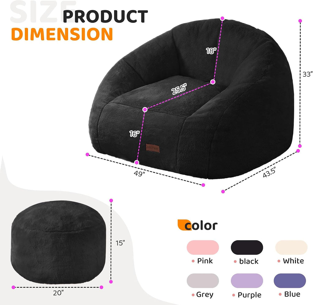 HABUTWAY Bean Bag Chair, Giant Bean Bag Chairs for Adults with Ottoman, Comfy Faux Fur Shell-Shaped Bean Bag Couch, Sofa Chair for Living Room, Bedroom, Black