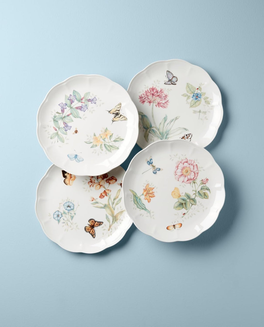 Lenox Dinnerware Set, Butterfly Meadow 4-Piece Dinner Plate Set, Service For 4, Porcelain Dinnerware With Scalloped Rim, Microwave And Dishwasher Safe, Dish sets, Home And Kitchen (Assorted, 4 Pieces)