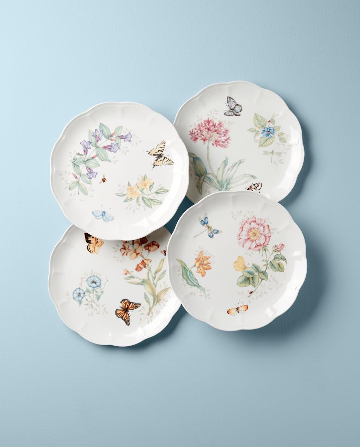 Lenox Dinnerware Set, Butterfly Meadow 4-Piece Dinner Plate Set, Service For 4, Porcelain Dinnerware With Scalloped Rim, Microwave And Dishwasher Safe, Dish sets, Home And Kitchen (Assorted, 4 Pieces)