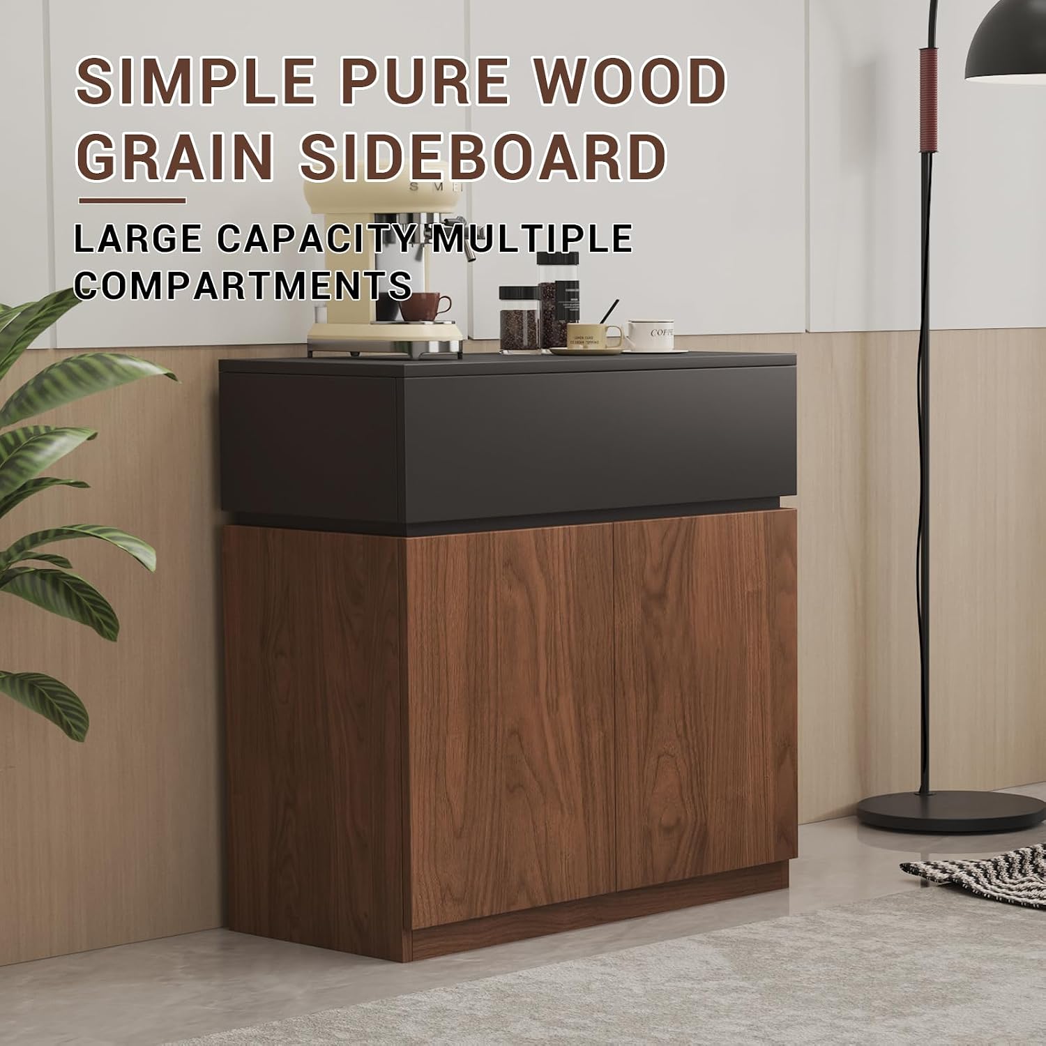 Mid-Century Modern Buffet Cabinet Sideboard with Storage, 31.5' Credenza with Drawers & Doors, Adjustable Shelves & Thickened Back Panel, Coffee Bar Console Table for Dining Room Living Room Kitchen