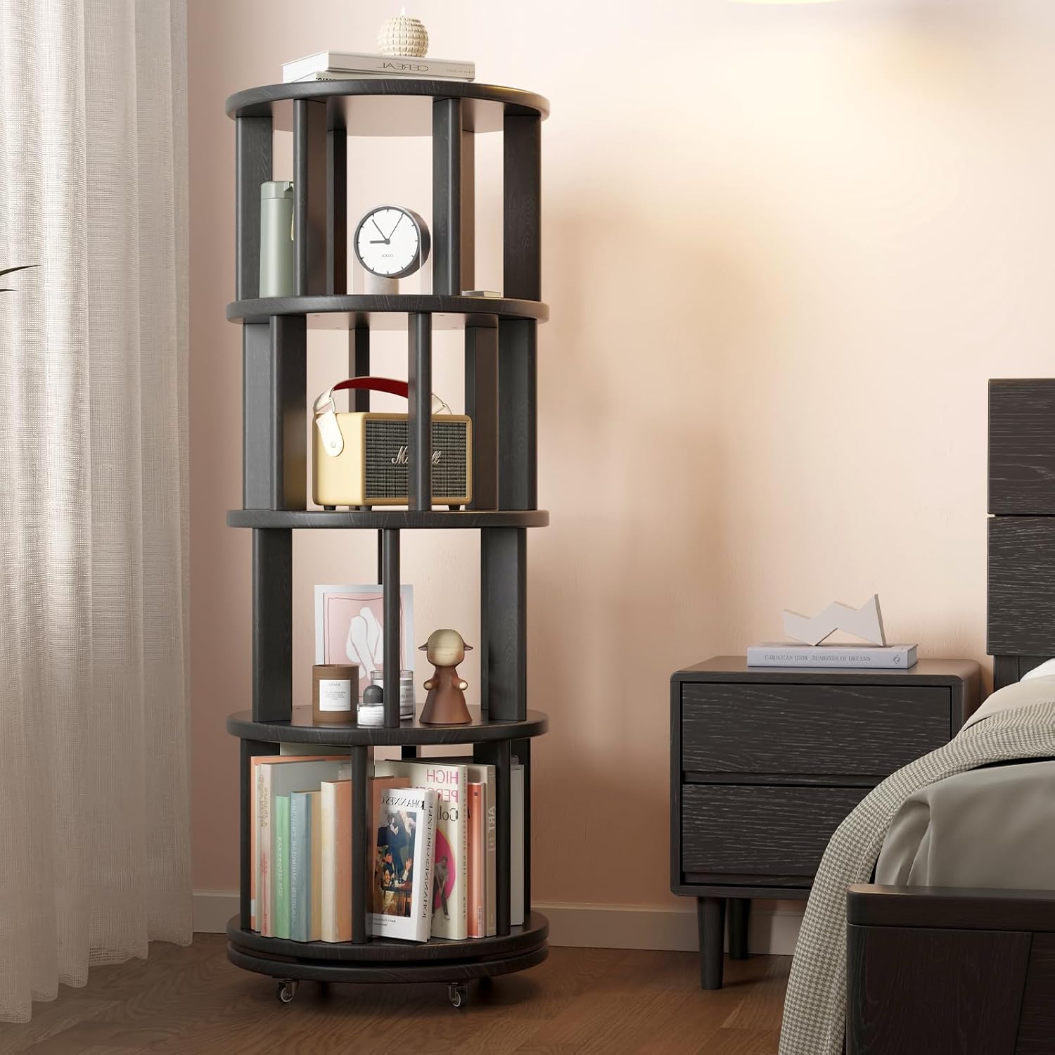 Muwuele Solid Wood Rotating Bookshelf on Wheels, 4 Tier, Round Revolving Bookcase, 360° Spinning Book Shelf Tower for Kids, Narrow Rolling Bookshelves for Small Space, Corner, Bedroom, Office, Black