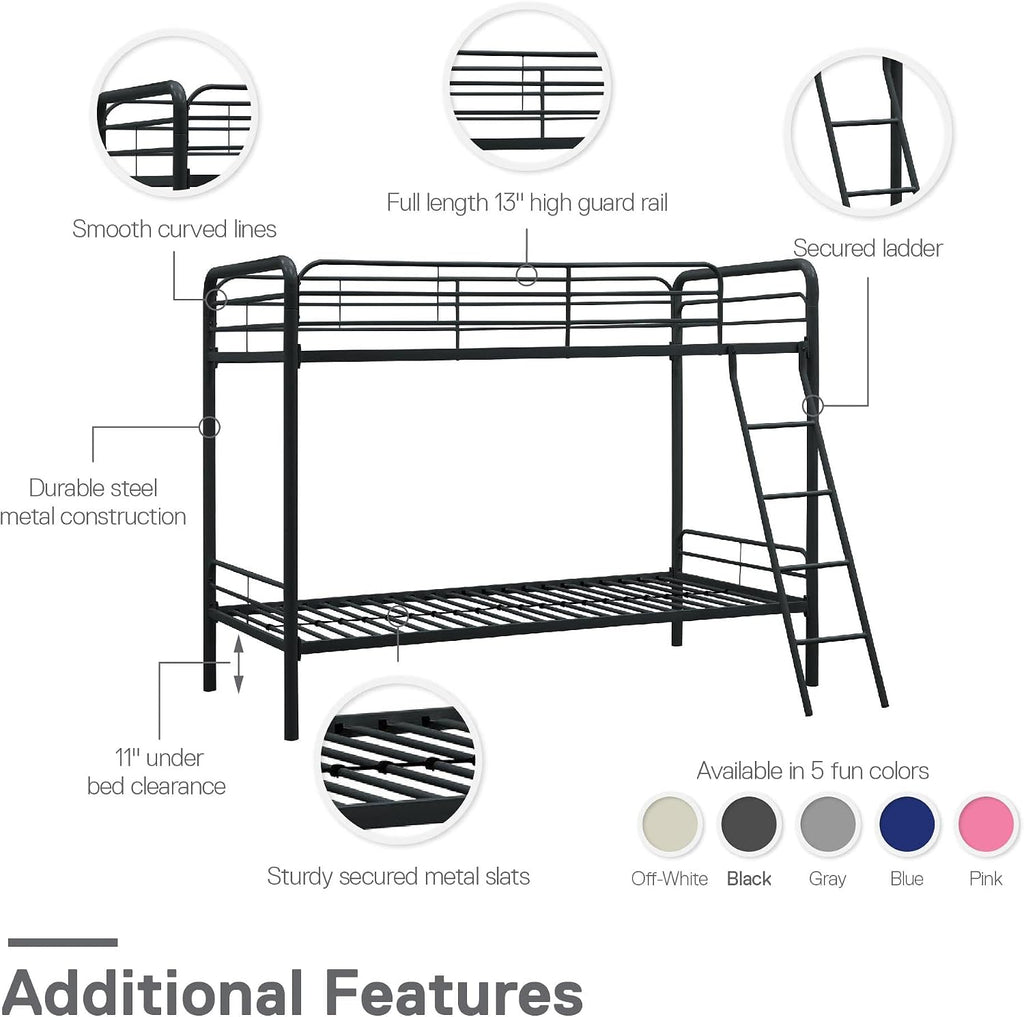 DHP Twin-Over-Twin Bunk Bed with Metal Frame and Ladder, Space-Saving Design, Black Black Twin/Twin