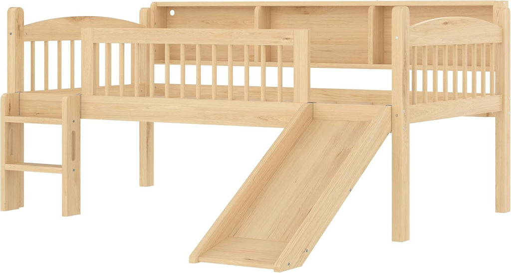 JIVOIT Twin XL Loft Bed with Storage Shelves, Solid Wood Lower Loft Bed with Full-Length Guardrails, Wood Slats Support, Space-Saving Design, No Box Spring Needed (Natural,Twin XL,51)
