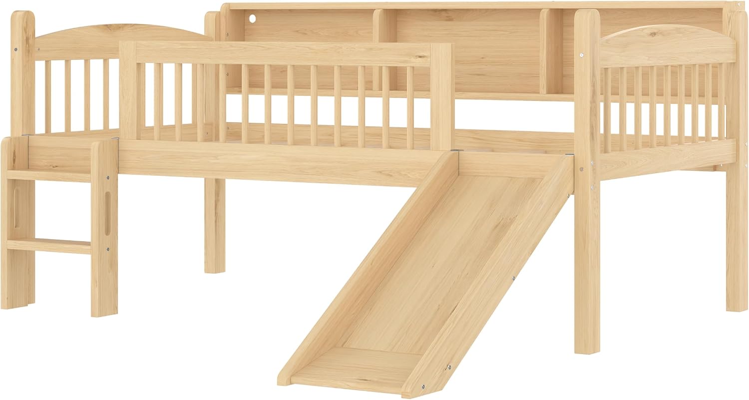 JIVOIT Twin XL Loft Bed with Storage Shelves, Solid Wood Lower Loft Bed with Full-Length Guardrails, Wood Slats Support, Space-Saving Design, No Box Spring Needed (Natural,Twin XL,51)