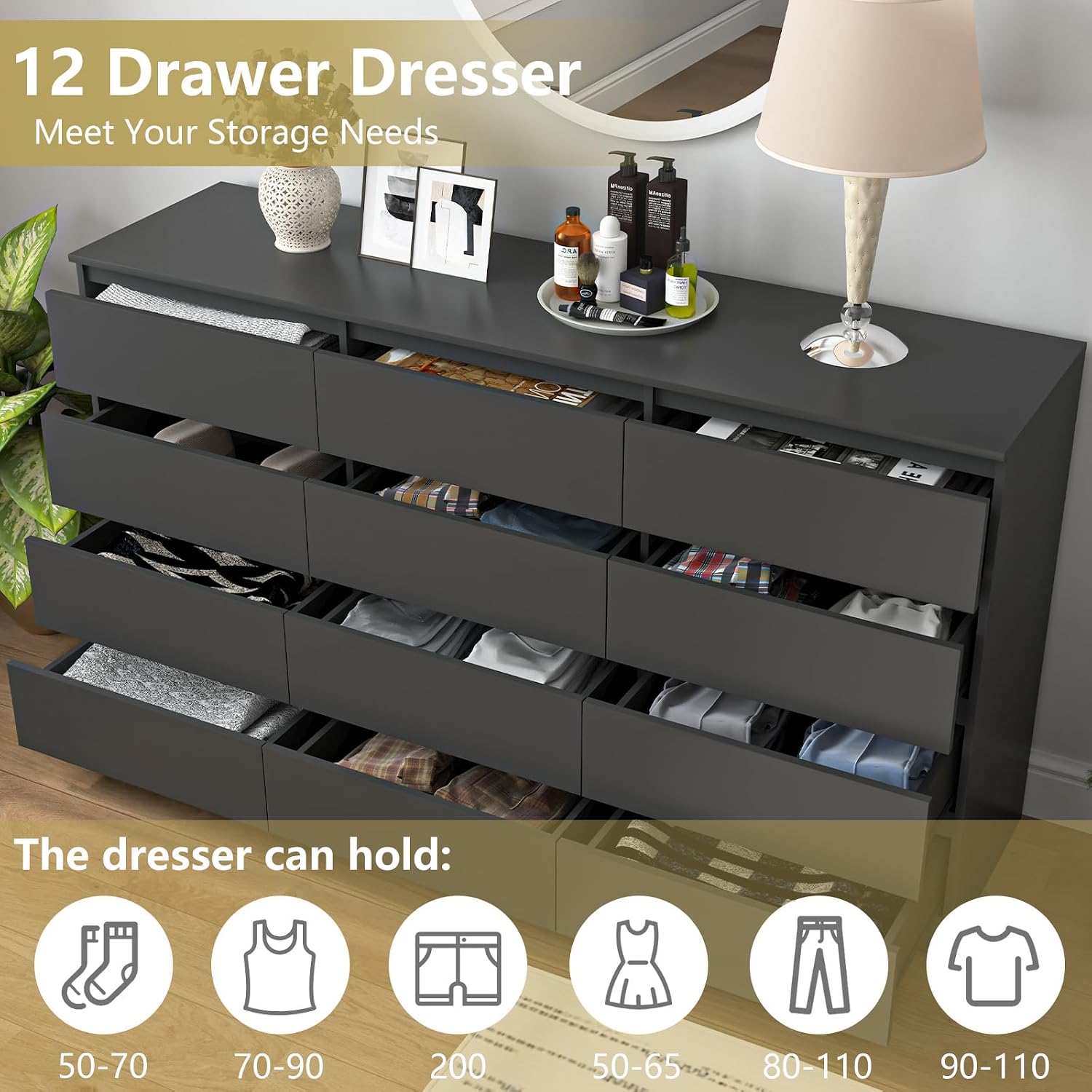 Black 12 Drawer Dresser for Bedroom,Modern Long Deep Drawer Dresser,Wood Storage Chest of Drawer, Storage Organizer Drawers for Bedroom