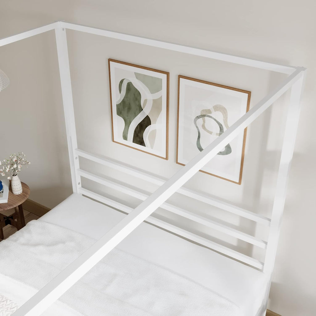 ikalido Queen Size Metal Canopy Bed Frame, Modern Four-Poster Platform Bed Frame, Mattress Foundation with Metal Slat Support/Under-Bed Storage Space/No Box Spring Needed/White