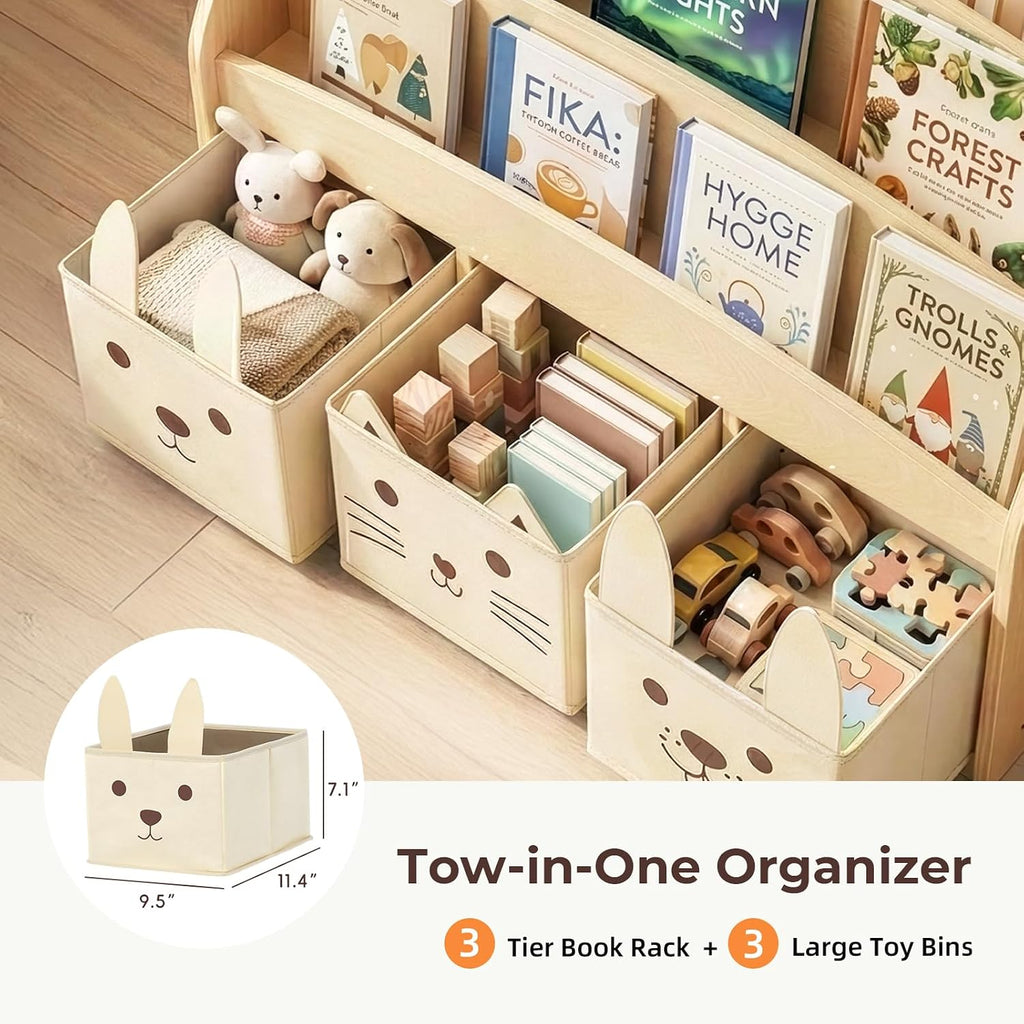 OOOK 3-Tier Kids Bookshelf with 3 Removable Fabric Storage Bins, Front Facing Toddler Montessori Bookshelf, Wooden Bookshelves for Kidsroom, Classroom, Playroom, Nursery