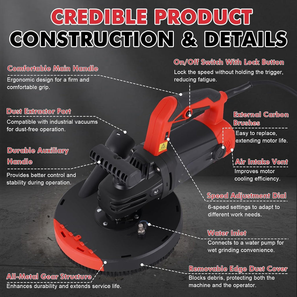 7 Inch Concrete Surface Grinder, with Dust Collector Floor Grinder, 6 Speed Adjustments, 2200W 0-4800RPM, 90° Seamless Floor Grinder Kit, for Concrete Cement Granite Marble