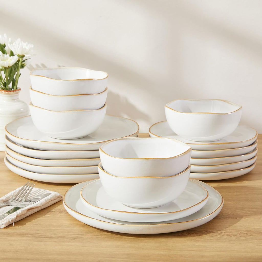 Pokini 18 Piece White Reactive Glaze Dinnerware Set for 6, Irregular Coastal Shape Stoneware | Elegant & Minimal Design for Daily Family Dinners or Weekend Guests